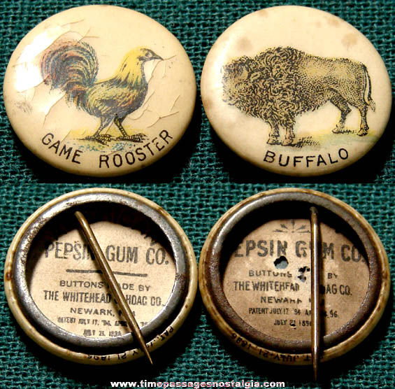 (2) 1896 American Pepsin Gum Advertising Premium Animal Celluloid Pin Back Buttons