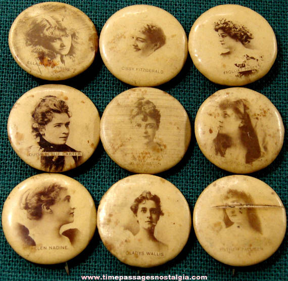 (9) 1896 Sweet Caporal Cigarette Premium Actress Celluloid Pin Back Buttons