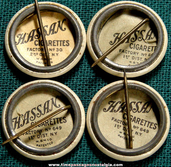 (4) Colorful Old Hassan Cigarette Premium Celluloid Pin Back Buttons