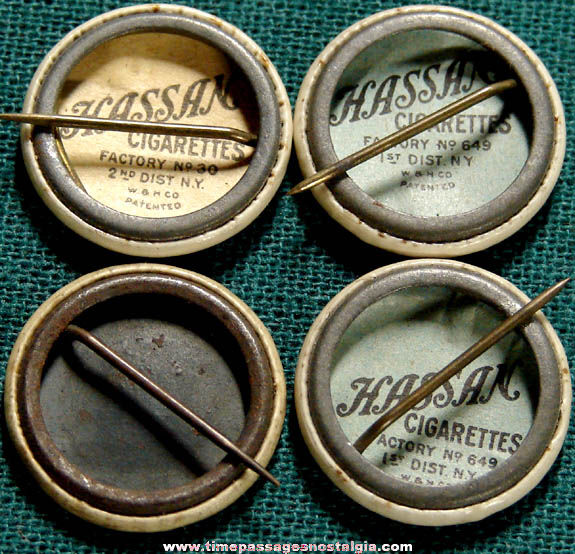 (4) Colorful Old Hassan Cigarette Premium Celluloid Pin Back Buttons