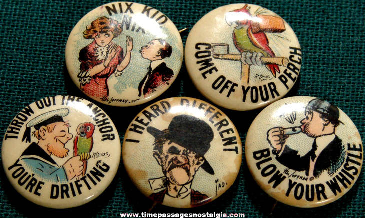 (5) Colorful Old Hassan & Tokio Cigarette Premium Celluloid Pin Back Buttons