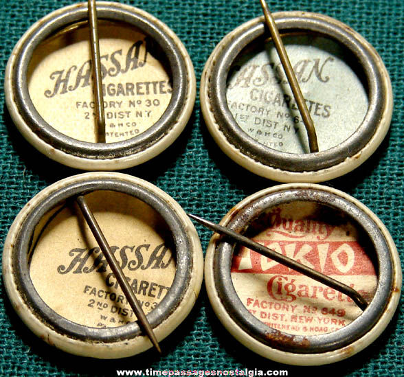 (4) Colorful Old Hassan & Tokio Cigarette Premium Celluloid Pin Back Buttons