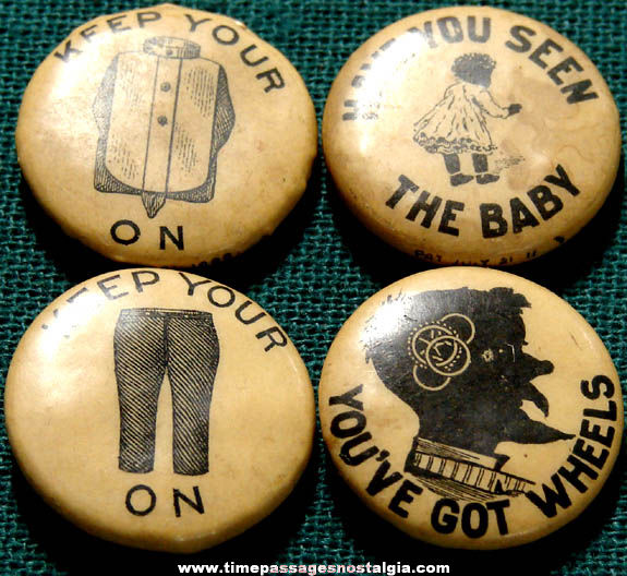 (4) Old Whitehead & Hoag Celluloid Pin Back Buttons With Sayings