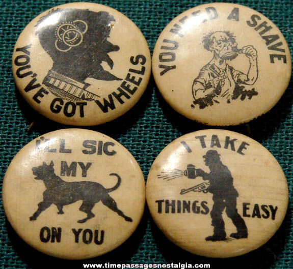 (4) Old Whitehead & Hoag Celluloid Pin Back Buttons With Sayings