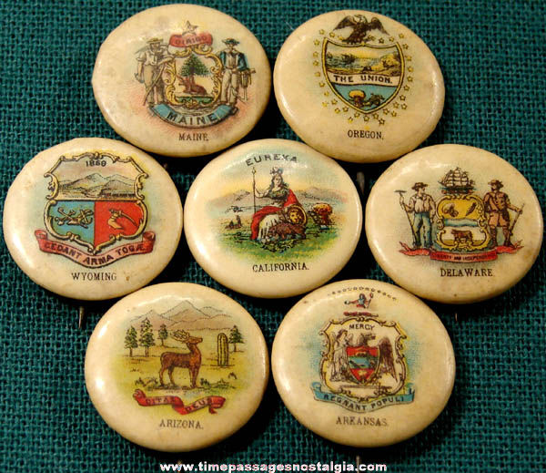 (7) 1896 Sweet Caporal Cigarette Premium State Seal Celluloid Pin Back Buttons