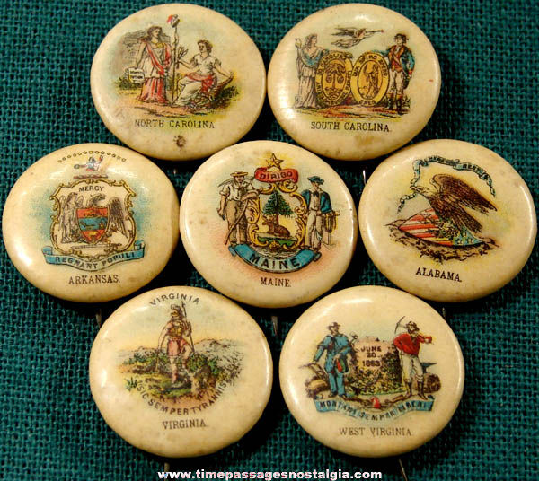 (7) 1896 Sweet Caporal Cigarette Premium State Seal Celluloid Pin Back Buttons