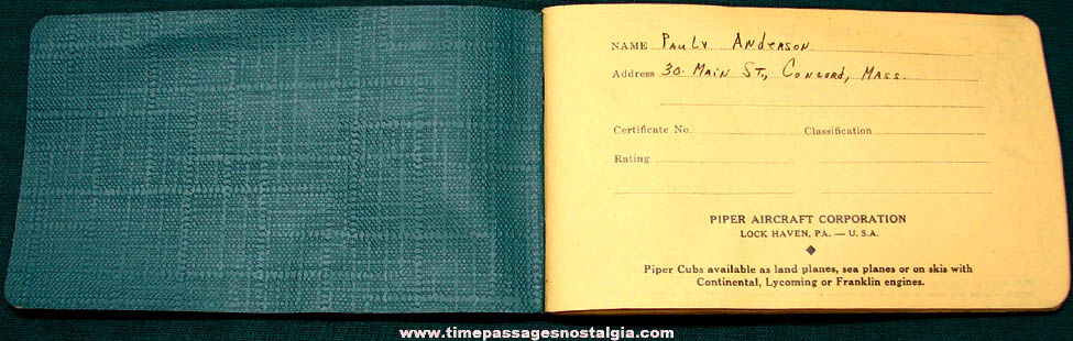 Old Piper Cub Airplane Pilot Log Book