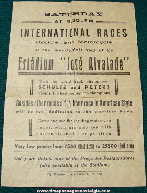 1952 Lisbon Portugal Bicycle & Motorcycle Race Advertising Flyer