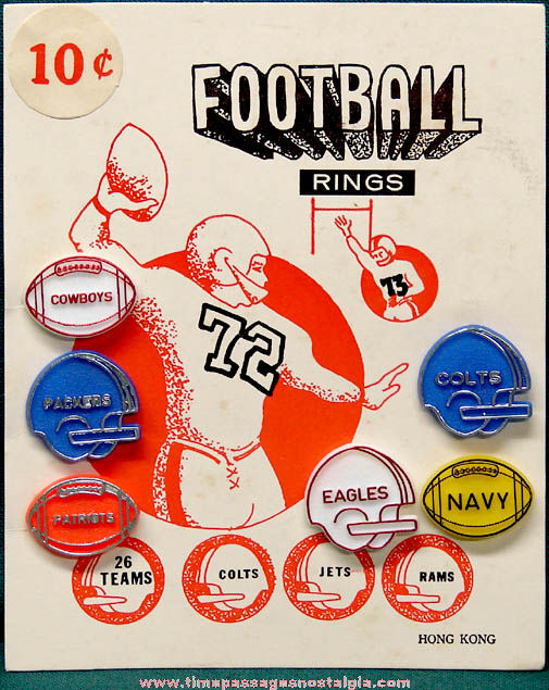 Old Gum Ball Machine Header Card With (6) Football Team Toy Rings