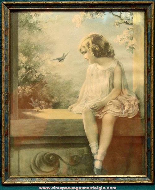 Old Framed Zula Kenyon Young Girl & Bluebird Art Print