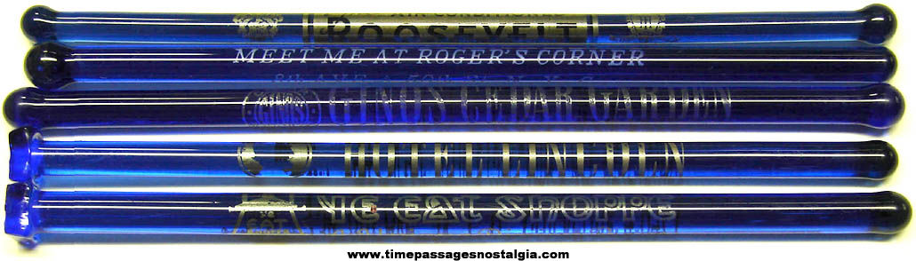 (5) Old New York City Bar Advertising Cobalt Blue Glass Drink Swizzle Sticks