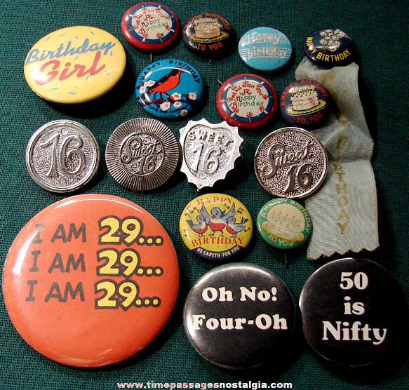 (17) Old Birthday Celebration Pin Back Buttons