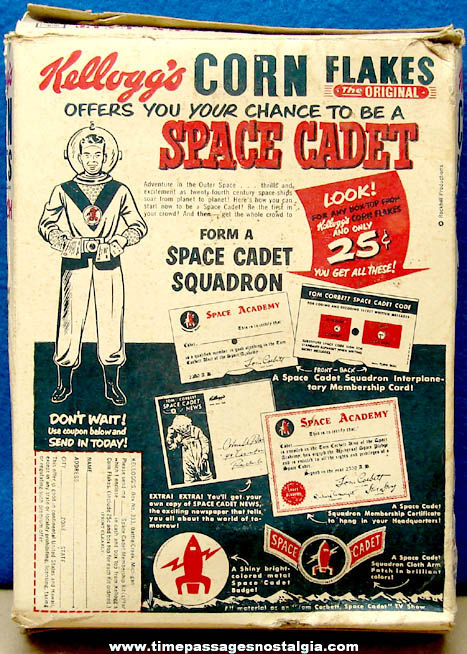 1950s Kellogg’s Corn Flakes Cereal Box With Space Cadet & Aircraft Carrier Premium Offers
