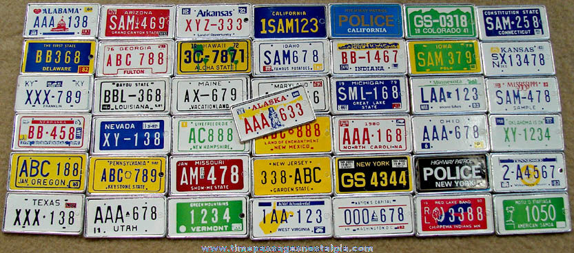(43) Different Old Miniature Gum Ball Machine Toy Prize State Auto License Plates