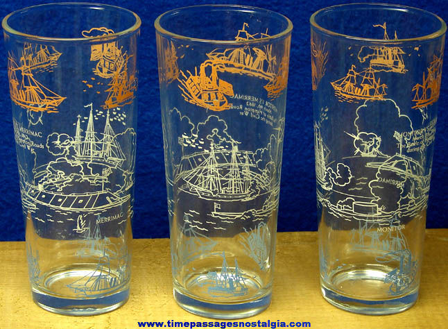 (3) Old Battle of Hampton Roads Civil War Premium Drink Glasses