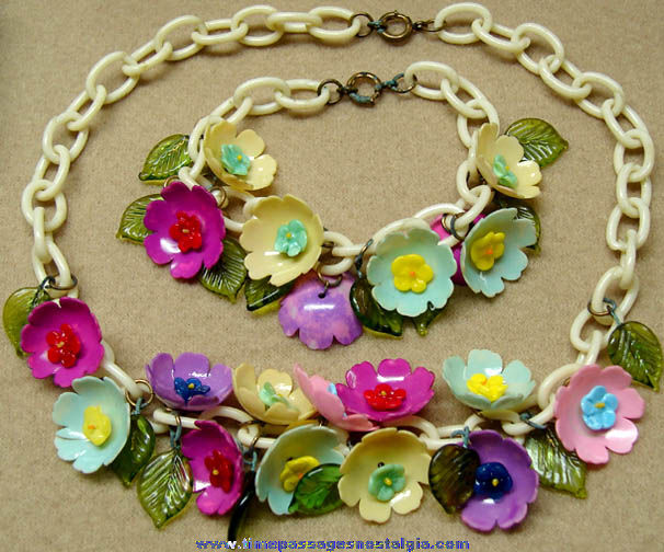 Colorful Old Celluloid Flower Necklace & Bracelet Jewelry Set