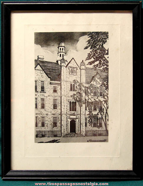 Old Framed Lithography or Intaglio Etching Clock Tower Print