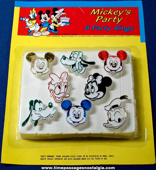 (8) Old Unopened Walt Disney Cartoon Character Party Favor Toy Rings