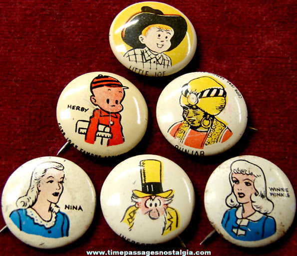 (6) 1940s Kellogg’s PEP Cereal Prize Comic Character Pin Back Buttons
