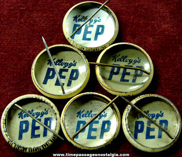 (6) 1940s Kellogg’s PEP Cereal Prize Comic Character Pin Back Buttons