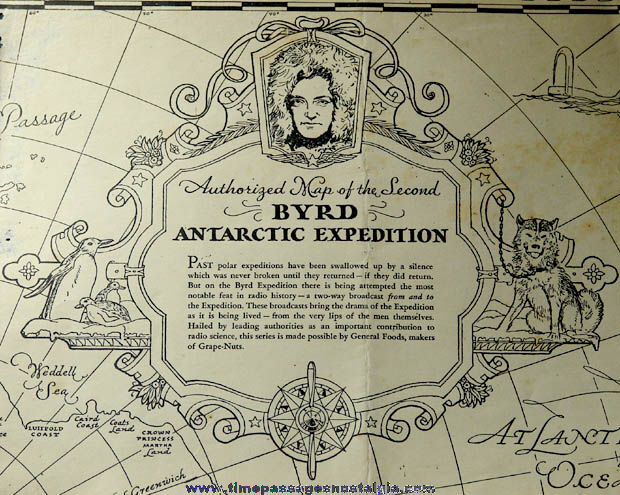 1935 Grape Nuts Cereal Premium Rear Admiral Byrd Antartic Expedition Coloring Map