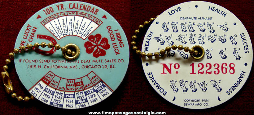 1954 National Deaf Mute Advertising Premium 100 Year Dial Calendar Key Chain