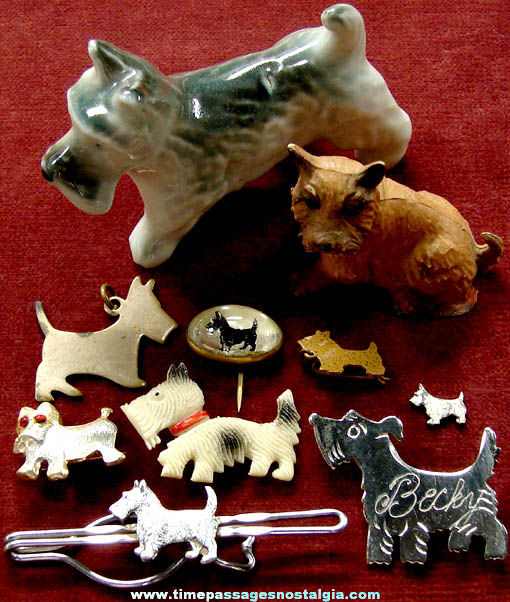 (10) Small Old Scottie Dog Figurines and Jewelry Items