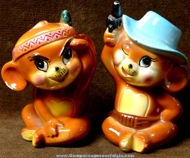 Old Cowboy & Indian Cartoon Character Mice Salt & Pepper Shaker Set