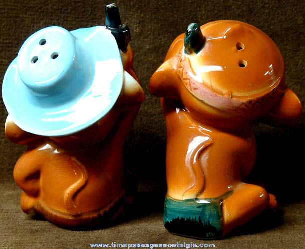 Old Cowboy & Indian Cartoon Character Mice Salt & Pepper Shaker Set