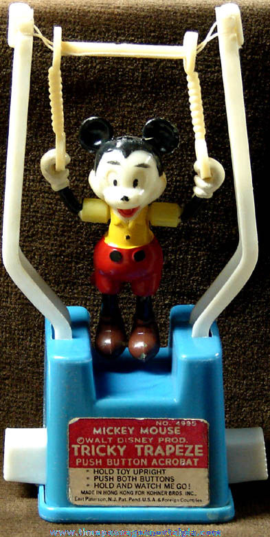 Old Walt Disney Mickey Mouse Tricky Trapeze Push Button Novelty Puppet Toy