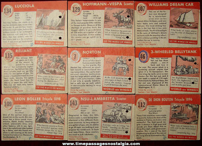 (9) 1950s Motorcycle & Three Wheeled Vehicle World on Wheels Trading Cards