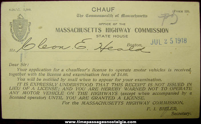 1918 Massachusetts Highway Commission Chauffeur License Receipt
