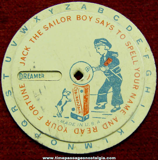 1939 Cracker Jack Pop Corn Confection Advertising Fortune Telling Lithographed Tin Dial Toy Prize