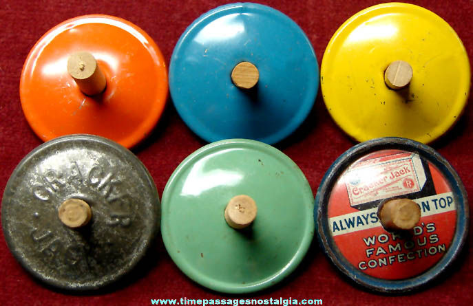 (6) Old Cracker Jack Spinning Tin Toy Top Prizes