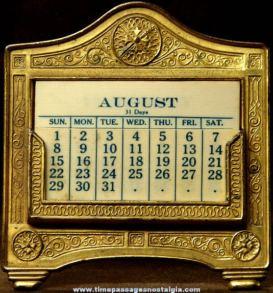Old Ornate Brass & Celluloid Stand Up Desk Calendar
