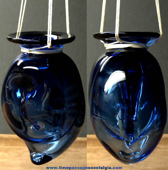 Old Hand Made & Signed Hanging Cobalt Blue Art Glass Vase