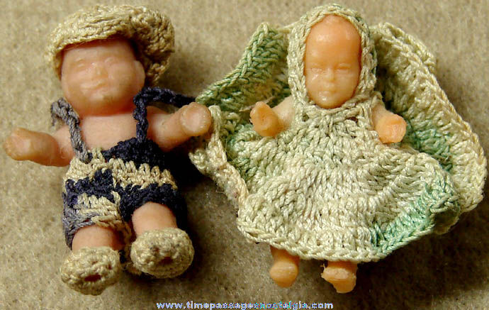 (2) Old Miniature Toy Baby Dolls With Custom Knitted or Crocheted Clothing