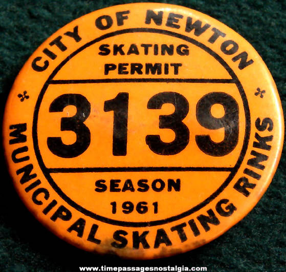 1961 Newton Massachusetts Skating Permit Pin Back Button Badge