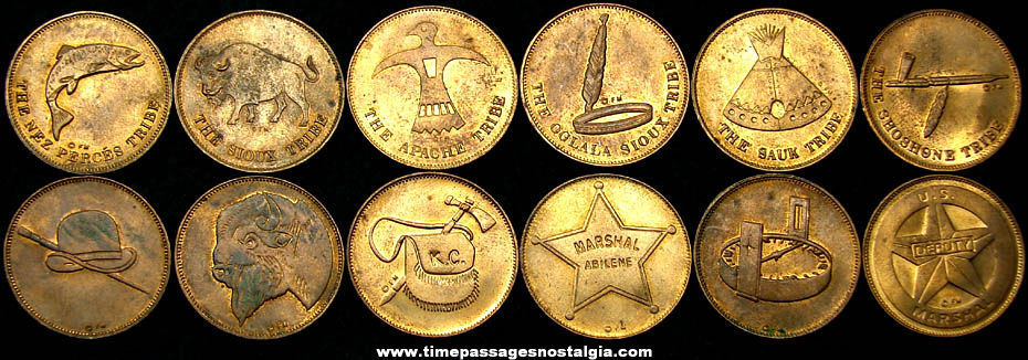 (12) Different Old Brass Western Hero Premium Coins