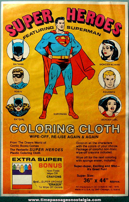 Large 1978 Super Heroes Character Coloring Cloth