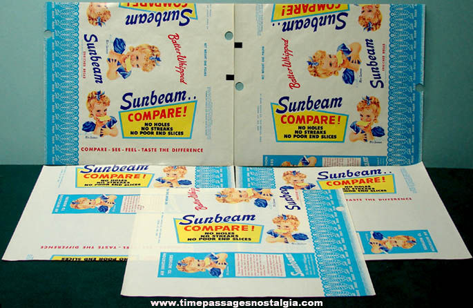 (5) Colorful Old Unused Sunbeam Bread Advertising Wrappers