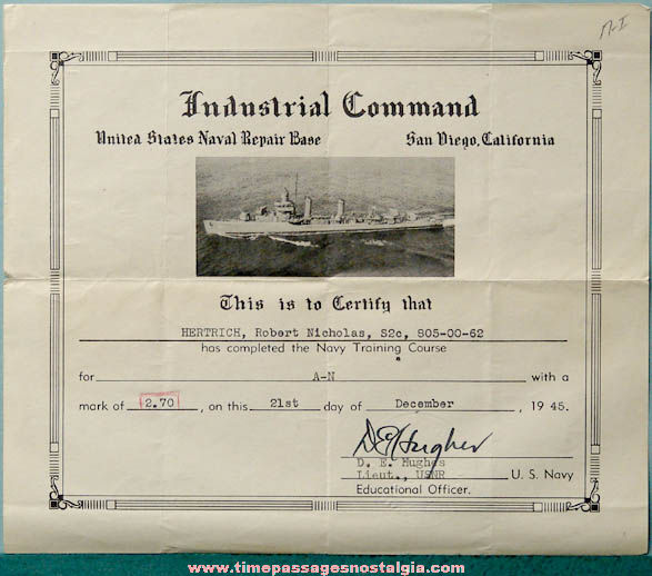 December 1945 United States Navy Sailor Training Certificate