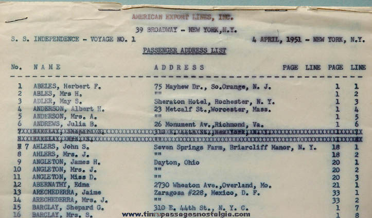 1951 S.S. Independence Ship Voyage #1 Passenger Address List