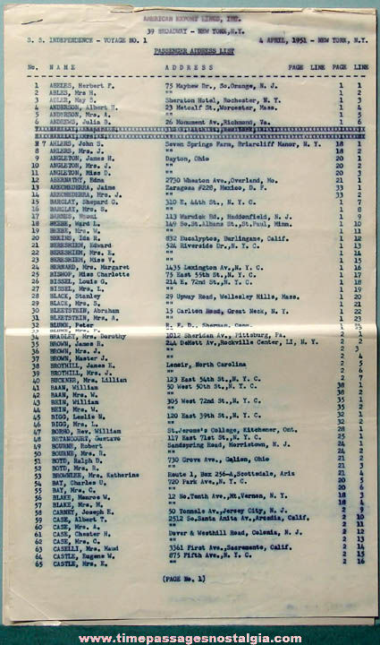 1951 S.S. Independence Ship Voyage #1 Passenger Address List