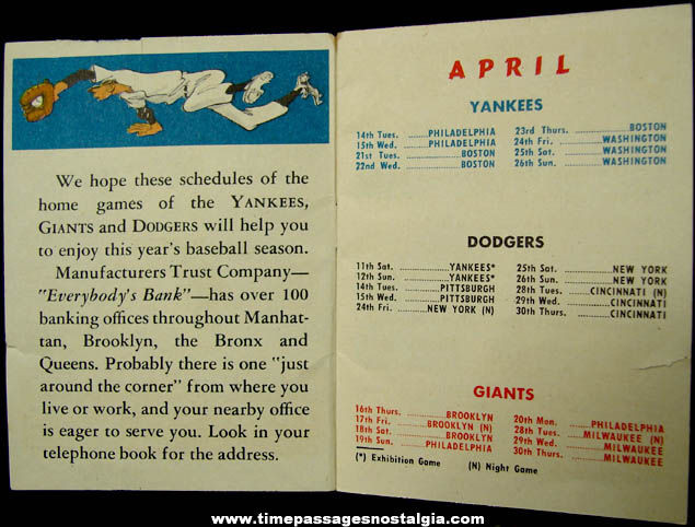 Colorful 1953 New York Baseball Teams Advertising Premium Schedule