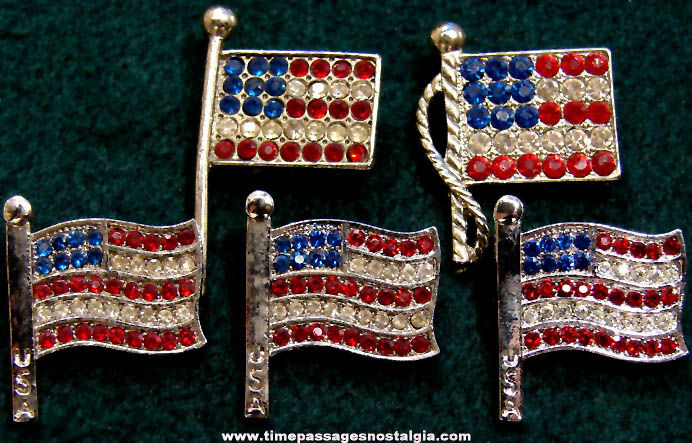 (5) Metal American Flag Pins with Stones