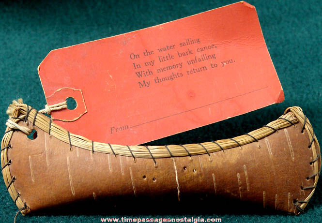 Old Miniature Souvenir Tree Bark Canoe With Mailer Card