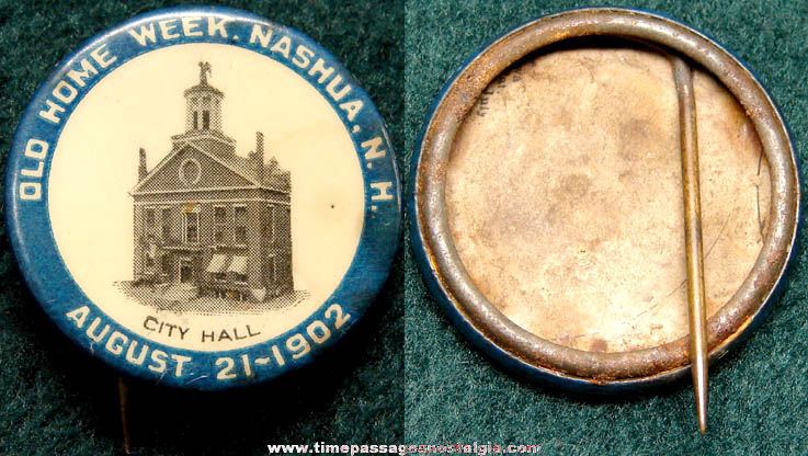 1902 Nashua New Hampshire City Hall Old Home Week Celluloid Pin Back Button