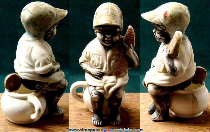 Old Porcelain Black Boy on Chamber Pot with Watermelon Figurine