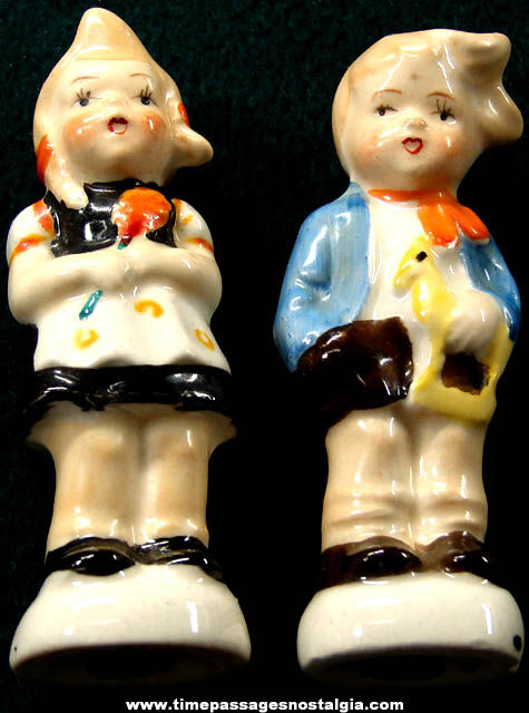 Colorful Old Porcelain Boy and Girl Salt & Pepper Shaker Set
